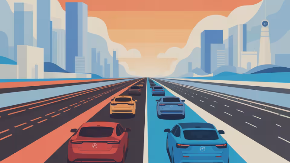 A stylized digital illustration of a highway scene during a sunset. 