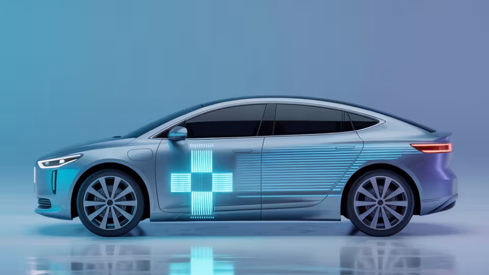 A photorealistic render of a sleek electric sedan car with a futuristic design, positioned against a gradient blue background.